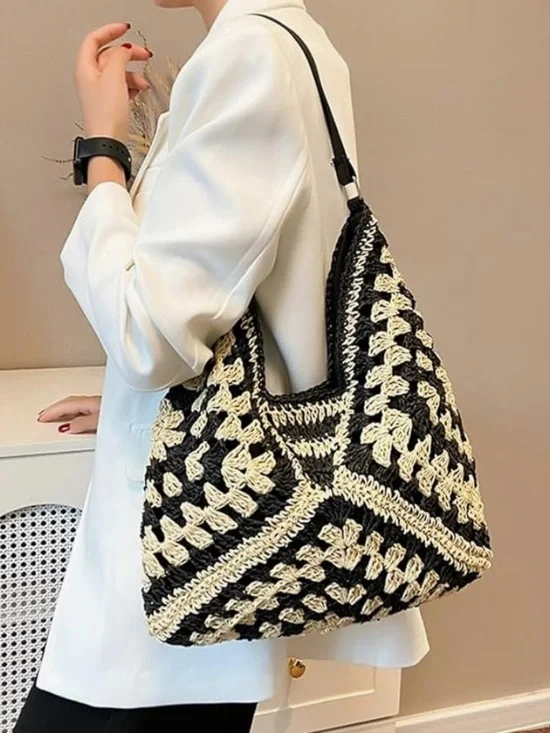 Straw Crochet Hobo Shoulder Bag Black Natural Woven Beach Tote Boho - Picture 5 of 6